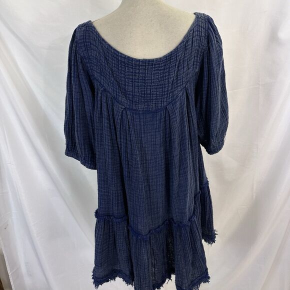 Free People Mystery Land Mini Dress Tunic Women’s MEDIUM Blue Fringe Hem Flowy - Picture 6 of 8